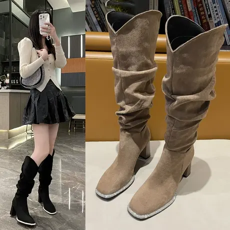 靴子女2023新款长靴长筒靴秋冬骑士褶皱牛仔堆堆靴今年流行的靴子图片