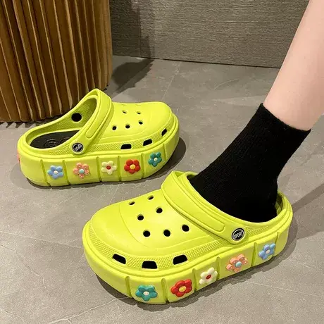 凉拖鞋女夏季外穿ins潮时尚可爱花朵包头厚底防滑增高沙滩洞洞鞋商品大图