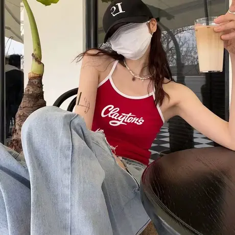 红色吊带背心女内搭夏季短款抹胸一体文胸带胸垫性感美背打底上衣商品大图