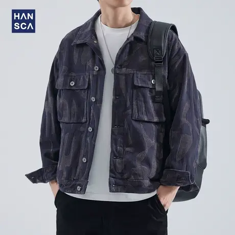 hansca牛仔外套男秋季新款美式复古潮流痞帅水洗宽松百搭休闲夹克商品大图
