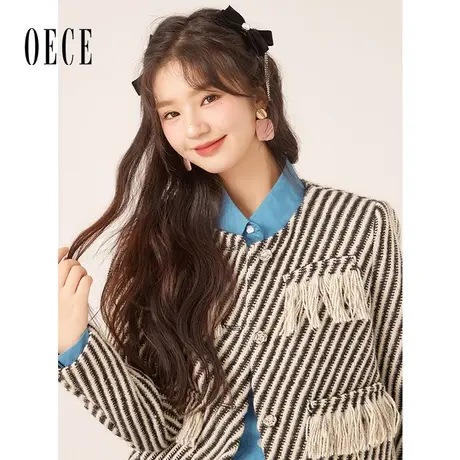 【新品】Oece复古小香风外套2022冬季新款女装设计感条纹短外套商品大图
