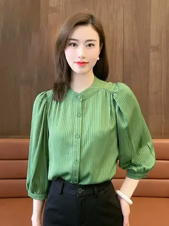2023夏季新款纯色竖条纹半袖圆领衬衫女气质修身显瘦单排扣上衣潮商品大图