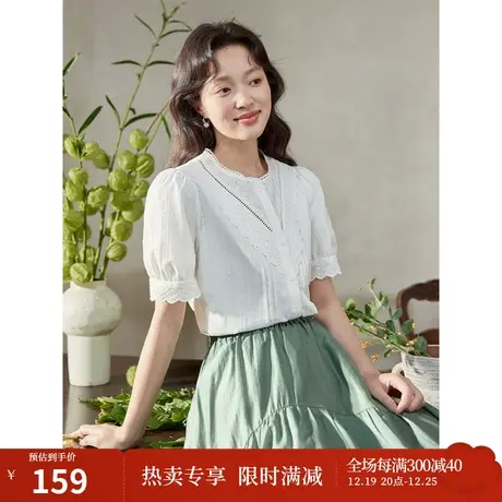 茵曼法式文艺衬衣2023夏季女装新款纯棉花边拼接圆领泡泡袖衬衫图片