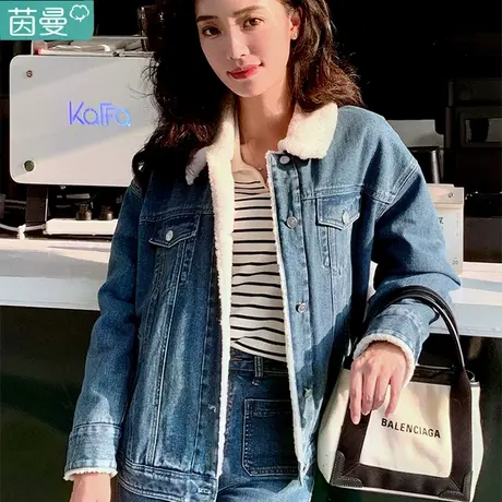 茵曼羊羔毛夹棉牛仔外套女士2023秋冬季新款短款小个子棉服棉衣图片