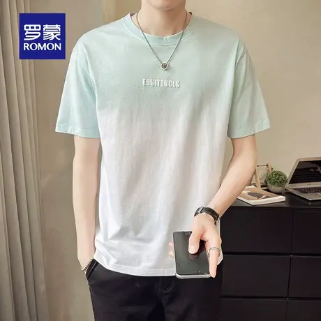 罗蒙男士纯棉短袖T恤夏季薄款印花圆领渐变色休闲上衣服冰丝体恤t商品大图