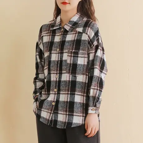 胖妹妹秋季2023新品学院风黑色格子衬衫大码微胖宽松长袖格纹上衣商品大图