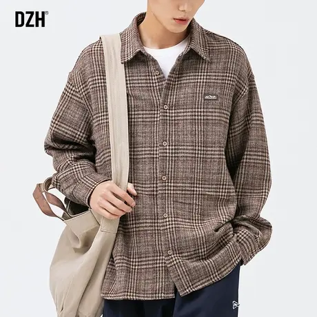 男士毛呢格子衬衫男长袖高级感宽松休闲上衣2023新款秋季衬衣外套商品大图