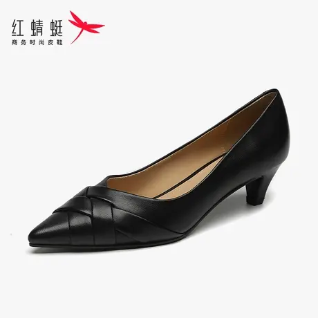 红蜻蜓女鞋2024新款编织羊皮短跟女士高跟鞋女夏季真皮小猫跟单鞋图片