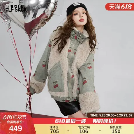 妖精的口袋樱桃格纹拼接麂皮绒外套女2024年冬季新款仿毛绒毛呢图片