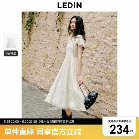 乐町双层小飞袖长裙夏季新款方领荷叶边气质连衣裙显高显瘦仙女裙商品大图