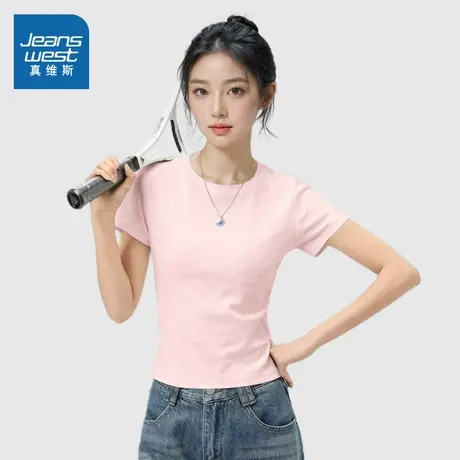 NOB真维斯粉色短袖t恤女2025新款夏显瘦休闲流行时尚正肩修身上衣商品大图