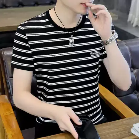 条纹T恤男2025新款半截袖夏装圆领短袖潮牌ins体恤衫夏季男装上衣商品大图