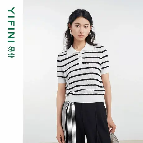 [专柜同款]Yifini/易菲百搭polo领条纹宽松休闲针织衫女D04M1411商品大图
