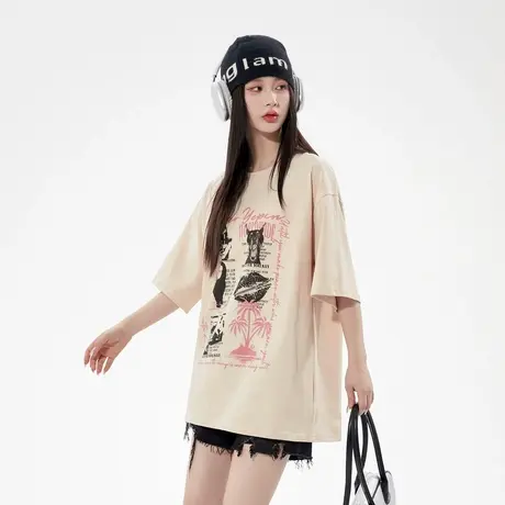 [YEP联名]唐狮短袖T恤美式复古短袖T恤女款夏季纯棉半袖别致上衣图片