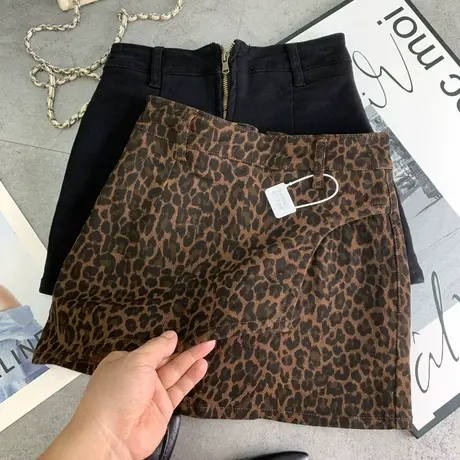 设计感不规则豹纹牛仔半身裙女韩版秋冬新款高腰显瘦小众A字半裙图片