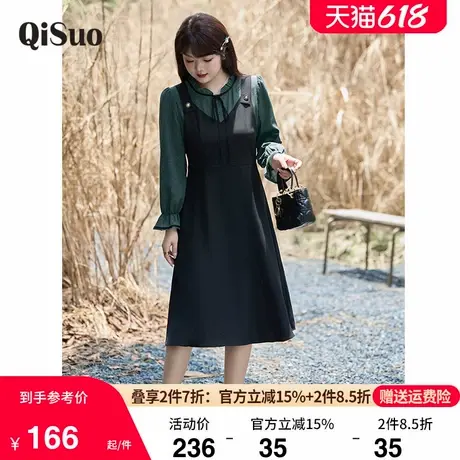 绮娑大码女装秋季新款显瘦胖MM连衣裙假两件套长袖藏肉收腰小黑裙商品大图
