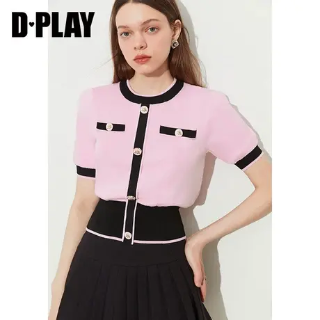 DPLAY2023夏优雅小香风草莓奶油粉圆领短袖撞色浮雕纽扣针织上衣商品大图