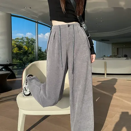 灰色灯芯绒阔腿西装裤女秋冬季高腰垂感宽松显瘦休闲雪尼尔直筒裤商品大图