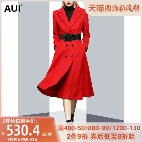大红色气质中长款毛呢外套女冬2022新款收腰显瘦双排扣呢子大衣潮商品大图