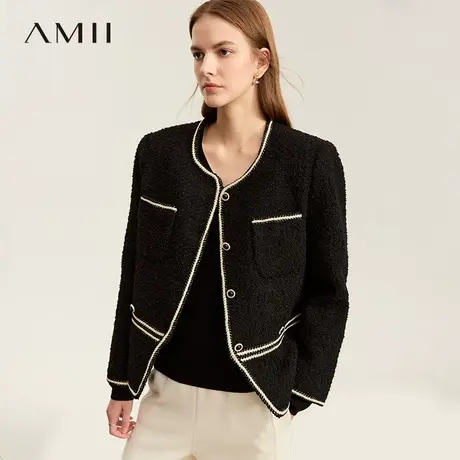 amii2025夏新款优雅名媛气质圆领织带镶边珠扣香风外套女宽松上衣图片