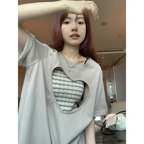 美式短袖t恤女夏hiphop甜辣风爱心镂空条纹背心ins两件套辣妹上衣商品大图