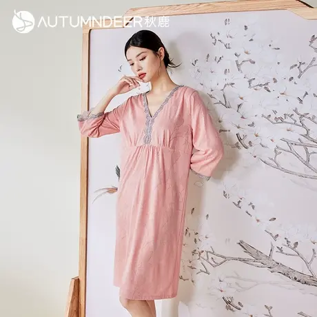 秋鹿针织提花棉睡衣女夏薄款新中式国风蕾丝花边七分袖家居服睡裙商品大图