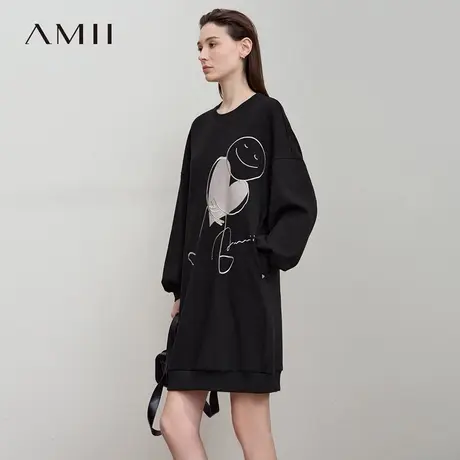 Amii2025秋新款休闲爱心印花刺绣卫衣裙连衣裙女落肩袖宽松裙子商品大图
