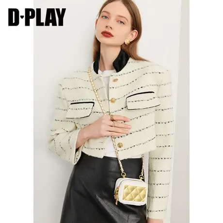 DPLAY【黑标】春新气质黑白条纹撞色高腰短款粗花呢外套商品大图