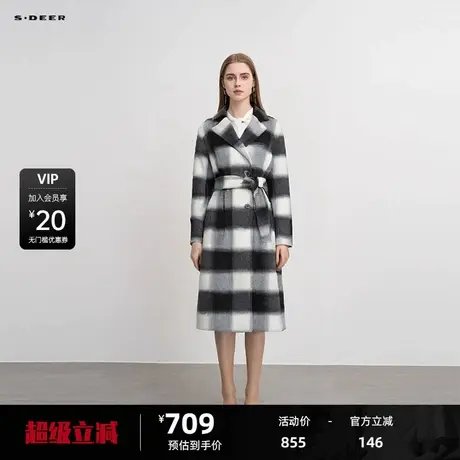 sdeer圣迪奥女装西装领格纹收腰双面呢长款大衣S234Z2510图片