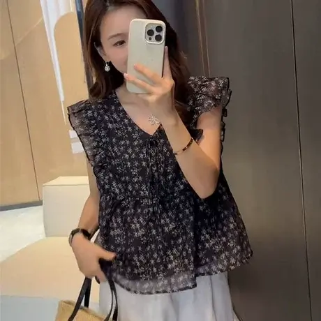 韩系碎花宽松衬衫女小飞袖上衣2025夏季新款别致娃娃衫衬衣雪纺衫商品大图