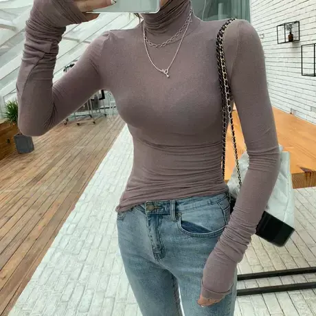 2022女装新款高领堆堆袖薄款打底衫修身显瘦超长袖T恤图片