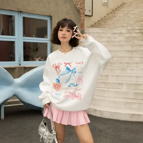 YEP白色可爱蝴蝶结印花圆领卫衣女春秋2025新款复古宽松百搭上衣商品大图