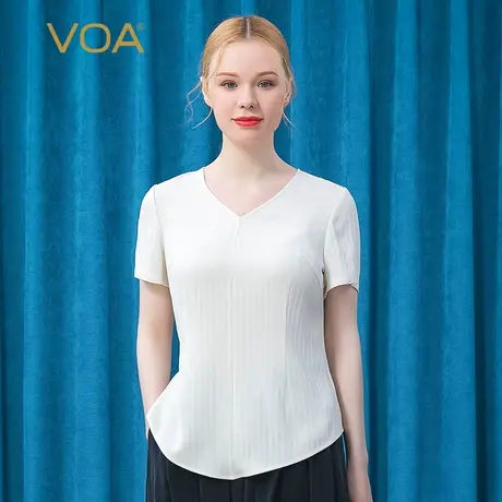 VOA41姆米高端重磅真丝V领短袖圆摆凹凸条纯色织锦桑蚕丝T恤衫商品大图