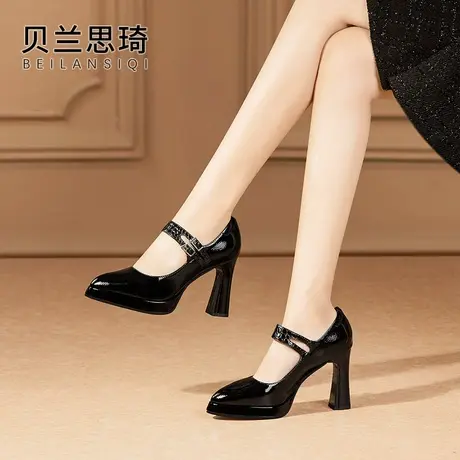 真皮一字带浅口厚底粗跟单鞋女2025春秋季新款漆皮防水台高跟鞋商品大图