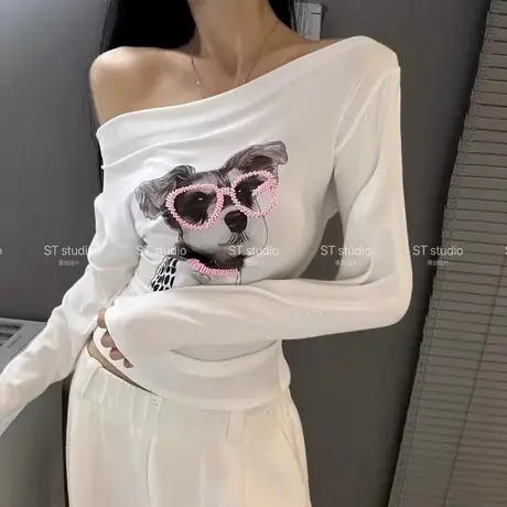 韩国东大门2025秋季新款美式修身显瘦辣妹卡通印花斜肩长袖T恤女商品大图