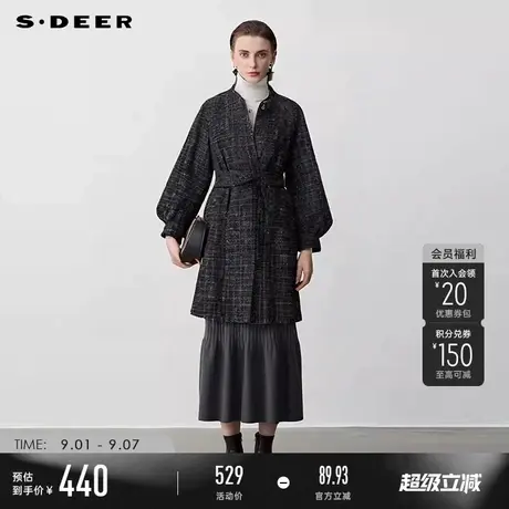 sdeer圣迪奥秋季女装小香风圆领收腰泡泡袖长款大衣S233Z2501图片