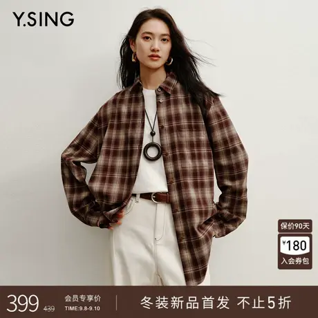 衣香丽影100%棉咖色格子衬衫女2025年冬装新款高智感宽松遮肉上衣商品大图