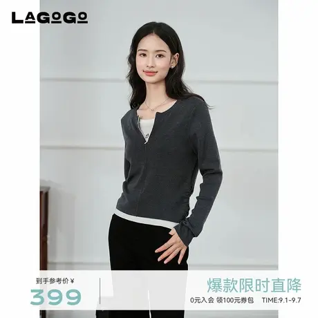 LAGOGO弹力显瘦假两件针织衫女拉谷谷2025秋季新款毛衫OCMM458C21商品大图