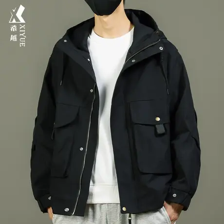 户外防风连帽冲锋衣男秋季双口袋工装夹克男生潮流耐磨登山服外套商品大图