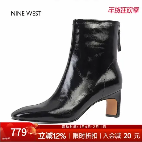 奥莱专供Nine West/玖熙法式复古方头时装靴女高跟短靴粗跟靴子冬图片