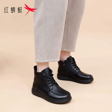 红蜻蜓女式保暖棉靴头层牛皮不累脚软底中老年人加绒防滑款妈妈鞋图片