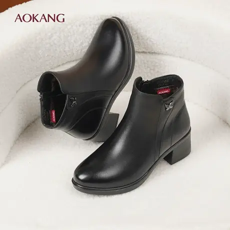 奥康 女鞋2025冬季新款短靴加绒保暖真皮侧拉链粗跟保暖妈妈棉靴L商品大图