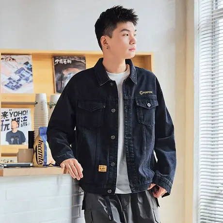 唐狮春秋季黑色牛仔外套男翻领小标细节夹克衫休闲风外套潮流TD图片