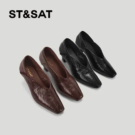 星期六深口单鞋女2026新法式复古风方头真皮粗跟软底巨舒适及踝靴商品大图