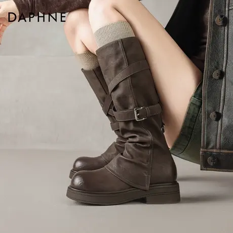 达芙妮棕色美拉德靴子女2026新款秋冬季加绒堆堆西部牛仔长筒靴子商品大图