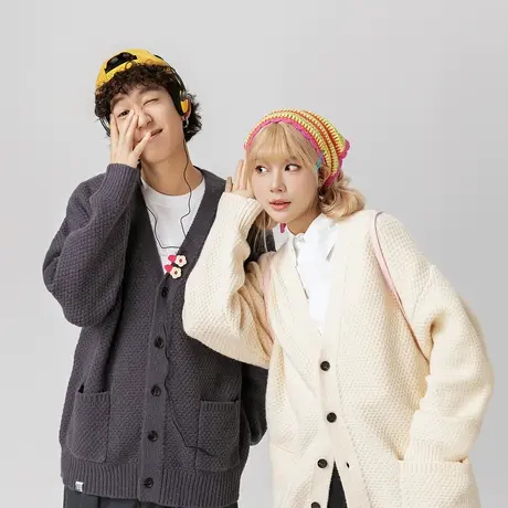 复古开衫毛衣秋冬女慵懒风2023新款V领情侣装上衣宽松针织衫外套图片