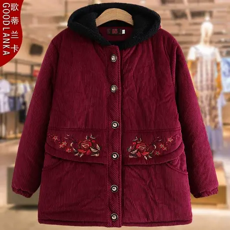 大码中老年妈妈冬装加绒加厚棉衣女宽松中长款灯芯绒连帽棉袄外套商品大图