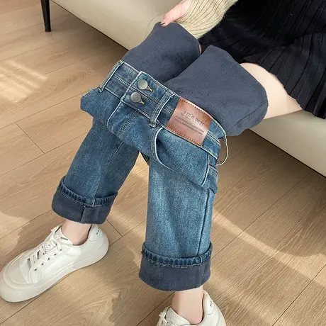 九分直筒牛仔裤女冬季新款加绒加厚高腰显瘦百搭直筒烟管法棍裤子商品大图