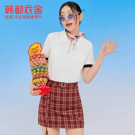 韩都衣舍POLO领针织短袖女夏季新款韩版撞色薄款短款针织上衣商品大图