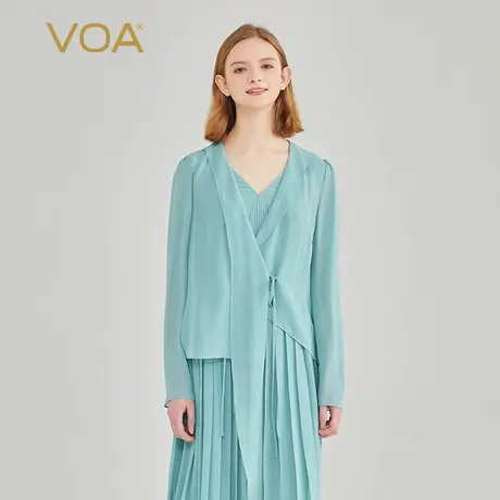 VOA冰蓝沙爽乔其纯桑蚕丝不对称活页绑带泡泡长袖随性真丝外套商品大图